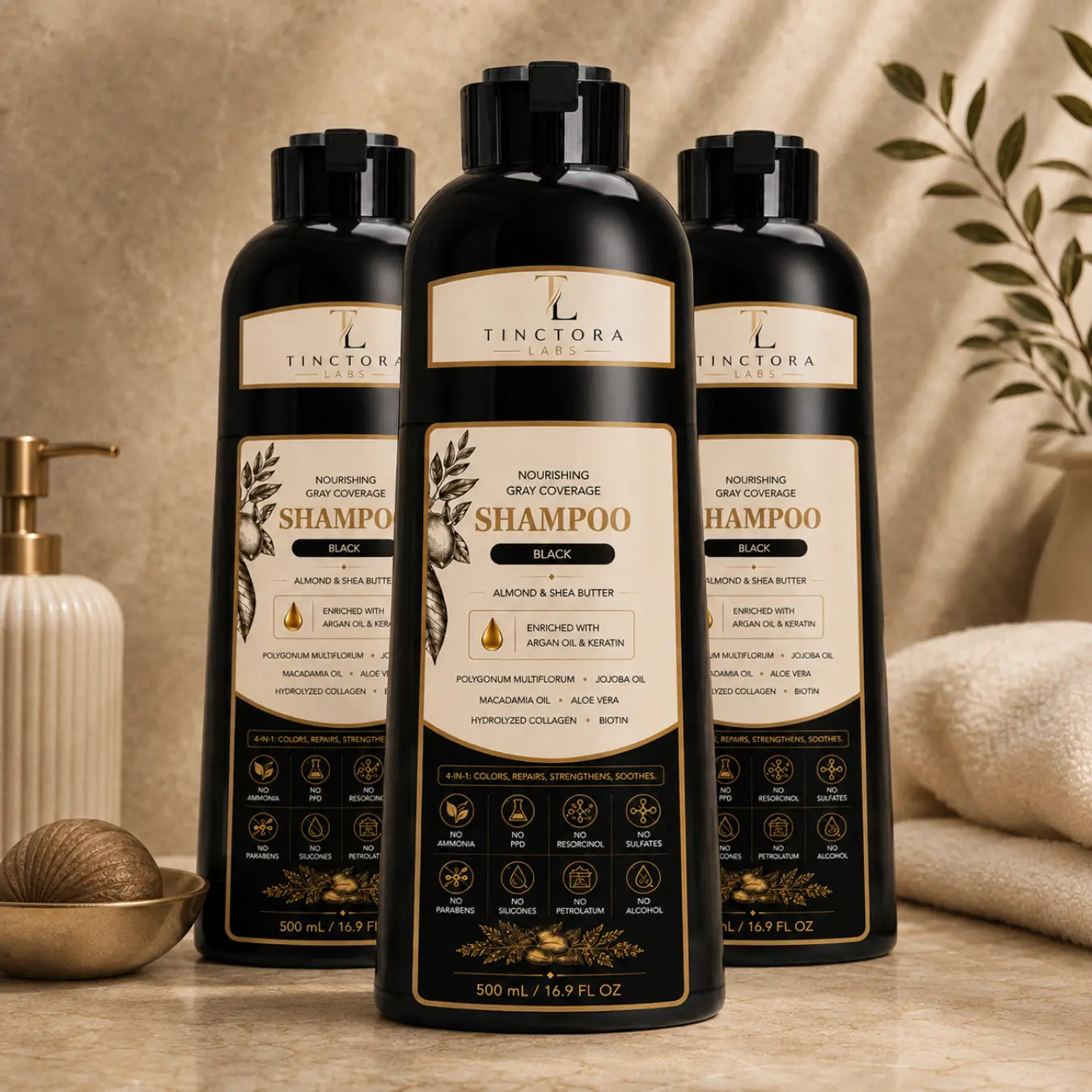 Tinctora Labs No-Roots Set, three black bottles of gray coverage shampoo