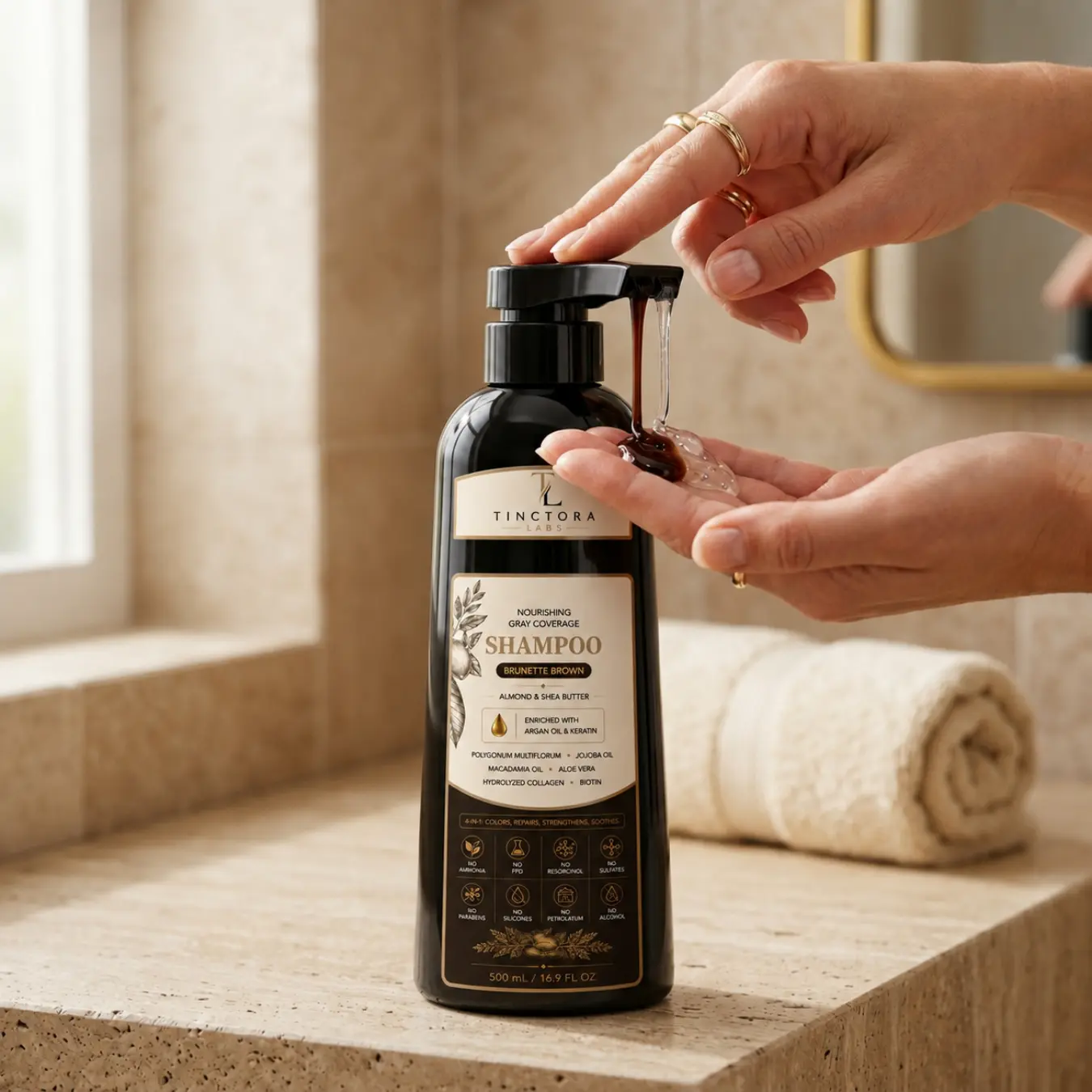 Tinctora Labs Nourishing Gray Coverage Shampoo being pumped into a hand on a bathroom counter